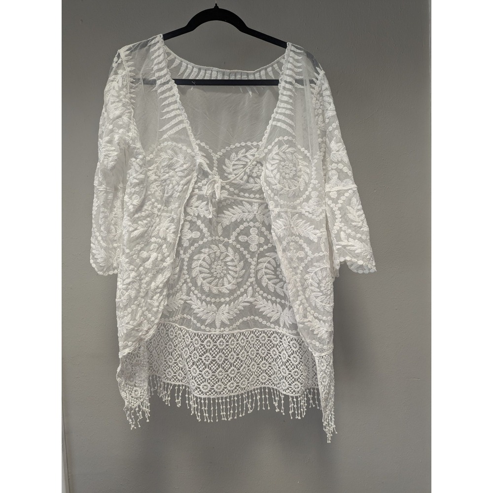 White Sheer Lace Crochet Beach Cover Up Womens XL Boho Embroidered‎ Tunic Top